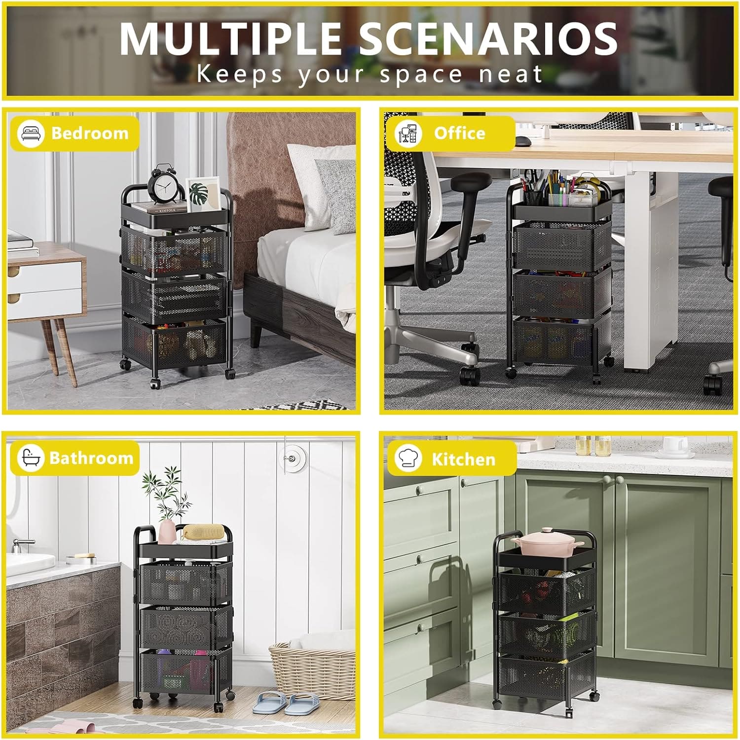 3 Layer Guest Trolley Basket, Multi Telescopic Kitchen Shelf, Square Fruit Vegetable Storage Rack, Multifunctional Household Storage Shelf, Multilayer Kitchen Shelf with Wheels, Hollow Mesh Basket for Kitchen, Living Room, Bathroom