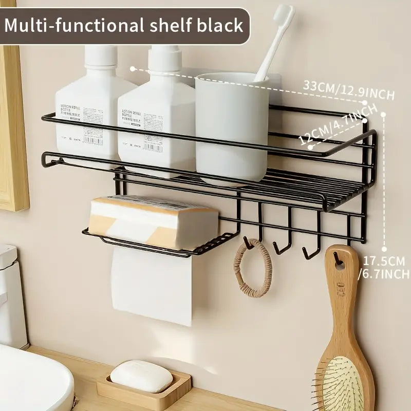 Self Adhesive Caddy Shelf With Hook, Combo Organizer Basket, Multipurpose Home Kitchen Bathroom Wall Hanging Shelves, Perforation Free Bathroom Storage Rack, Wall Mounted Multifunctional Rack, Magic Sticker Shower Rack Shelf