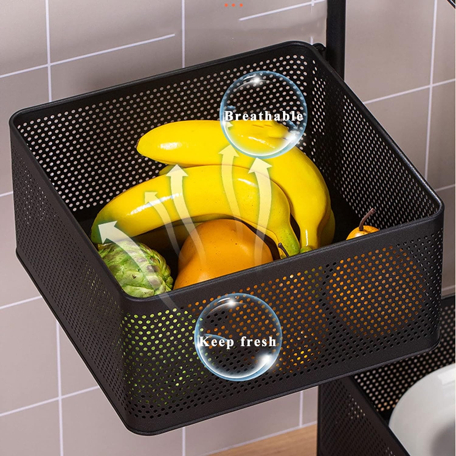 3 Layer Guest Trolley Basket, Multi Telescopic Kitchen Shelf, Square Fruit Vegetable Storage Rack, Multifunctional Household Storage Shelf, Multilayer Kitchen Shelf with Wheels, Hollow Mesh Basket for Kitchen, Living Room, Bathroom