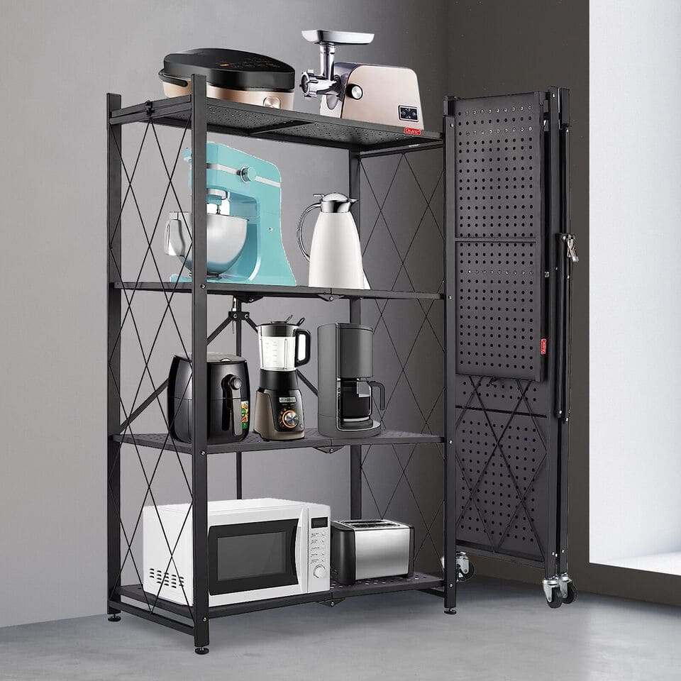 Multi Layer Folding Kitchen Rack, Kitchen Metal Folding Shelves With Wheels, Household Sundries Finishing Balcony Floor Storage Rack, Multi Level Folding Shelves with Wheels, Multifunctional 3 Tier Storage Cart