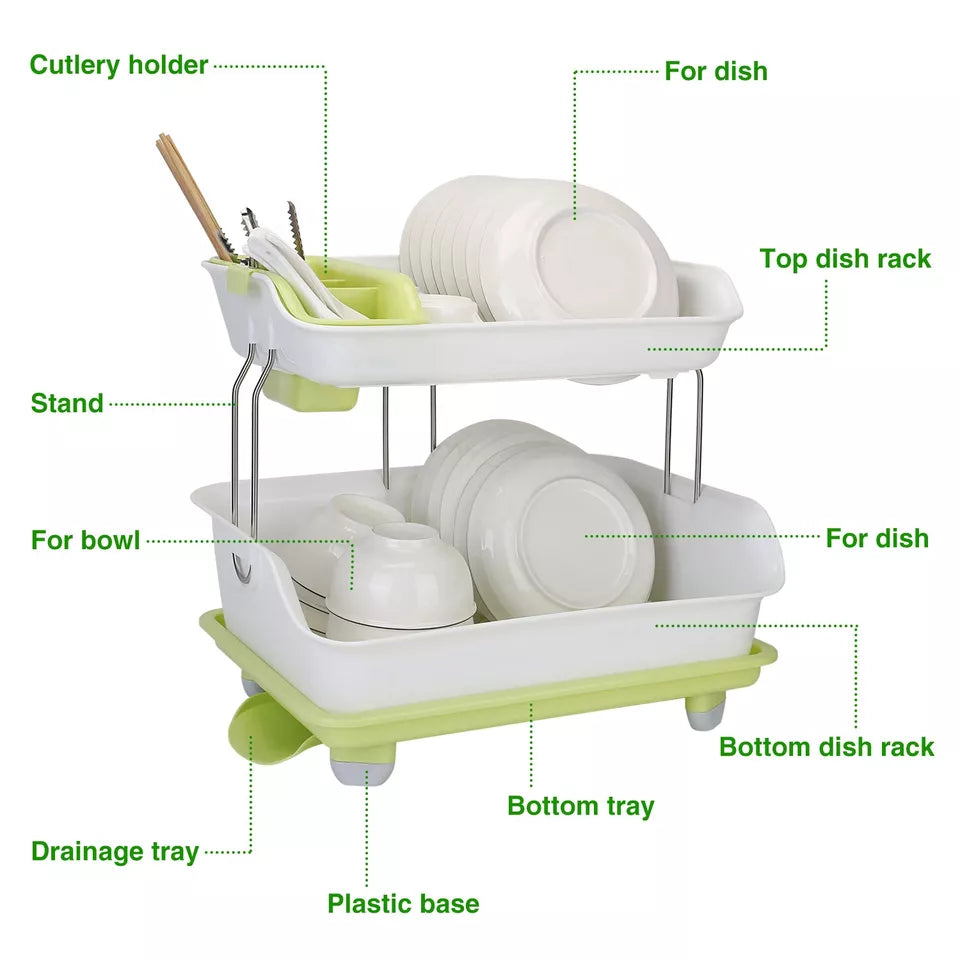 2 Tier Dish Drying Rack, Utensil Holder for Kitchen Counter, Durable Plate Rack With Drainer, Large Plastic Basket with Tray, Multipurpose Kitchen Drainage Storage Rack, Kitchen Utensils Organizer, Portable Kitchen Storage Rack