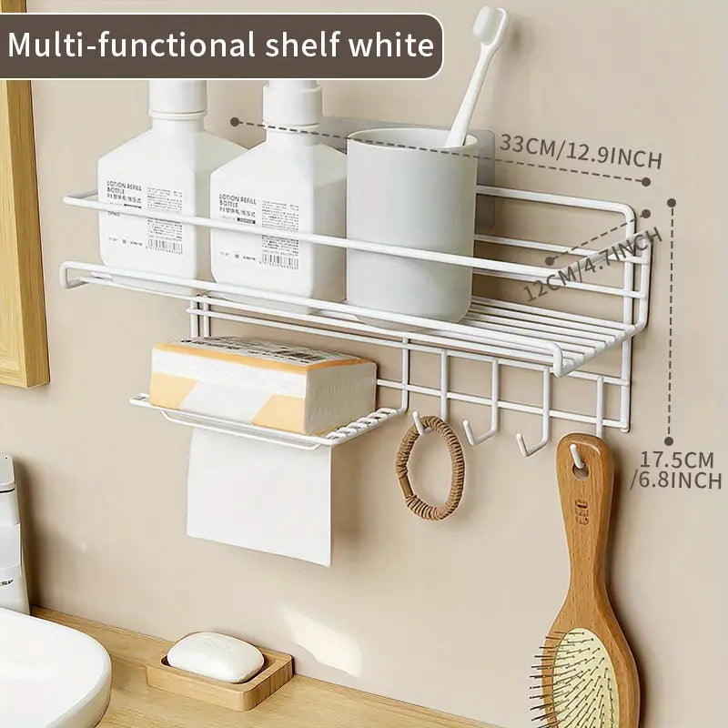 Self Adhesive Caddy Shelf With Hook, Combo Organizer Basket, Multipurpose Home Kitchen Bathroom Wall Hanging Shelves, Perforation Free Bathroom Storage Rack, Wall Mounted Multifunctional Rack, Magic Sticker Shower Rack Shelf