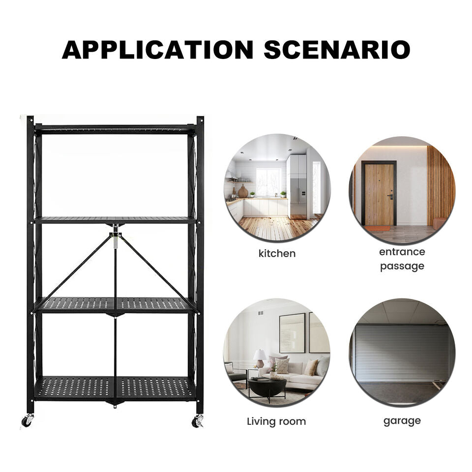 Multi Layer Folding Kitchen Rack, Kitchen Metal Folding Shelves With Wheels, Household Sundries Finishing Balcony Floor Storage Rack, Multi Level Folding Shelves with Wheels, Multifunctional 3 Tier Storage Cart