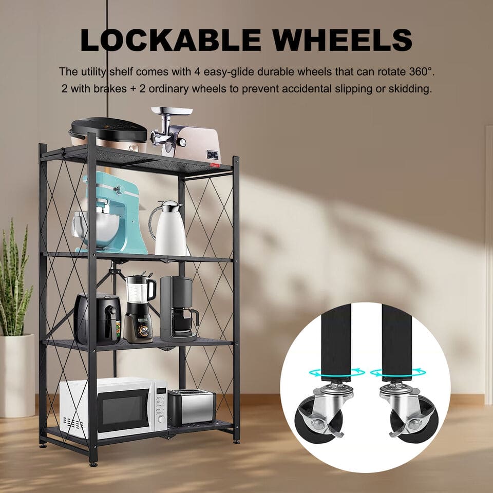 Multi Layer Folding Kitchen Rack, Kitchen Metal Folding Shelves With Wheels, Household Sundries Finishing Balcony Floor Storage Rack, Multi Level Folding Shelves with Wheels, Multifunctional 3 Tier Storage Cart