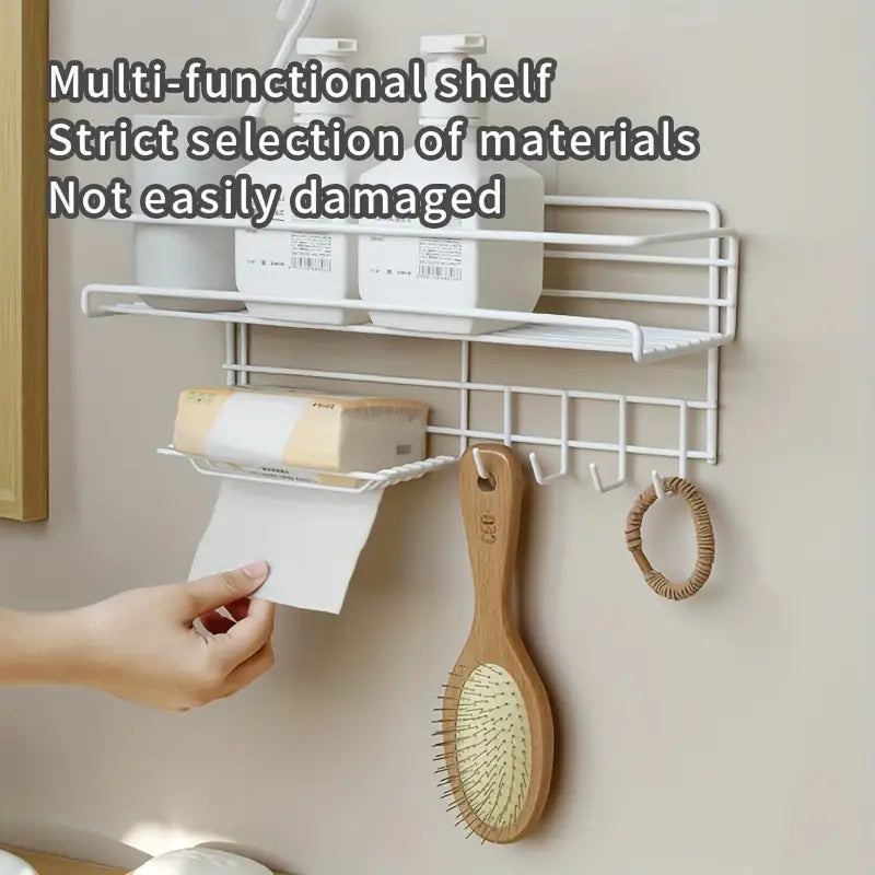 Self Adhesive Caddy Shelf With Hook, Combo Organizer Basket, Multipurpose Home Kitchen Bathroom Wall Hanging Shelves, Perforation Free Bathroom Storage Rack, Wall Mounted Multifunctional Rack, Magic Sticker Shower Rack Shelf