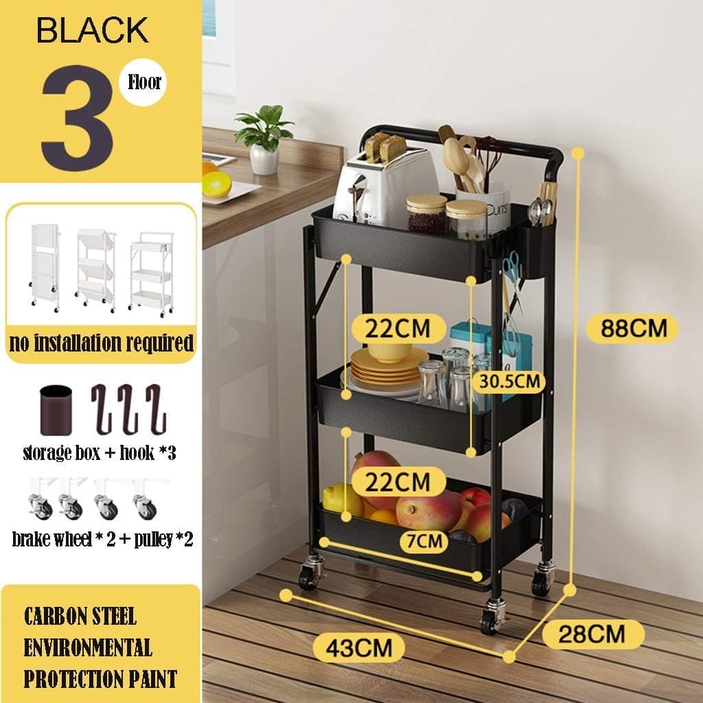 3 Tier Flexible Food Trolley, Home Snack Vegetables Storage Rack with Wheels, Multifunctional 3 Tier Storage Cart, Folding Kitchen Shelves, Plastic & Stainless Steel Storage Cart