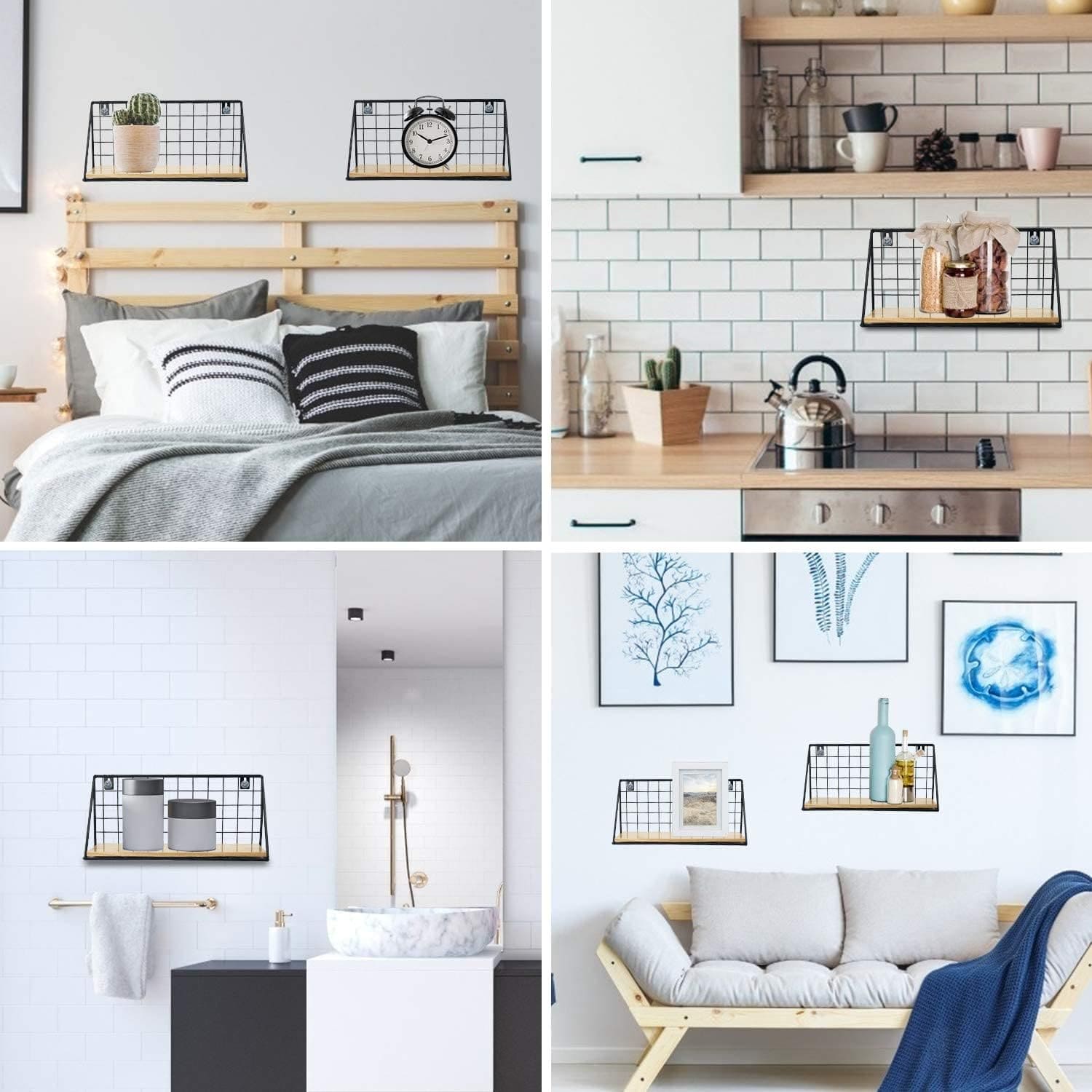 Set Of 2 Versatile Floating Wooden Shelf, Nordic Style Iron Wall Dormitory Stand, Multipurpose Home Organization Rack, Iron Kitchen Bathroom Shelf, Black Wire and Natural Wood Shelf, Home Decorative Hanging Grid Basket, Wall Art Shelve Flower Pot Stand