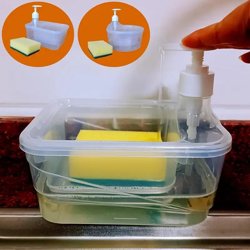 Press Cleaning Liquid Container, Soap Dispenser With Sponge Holder, Kitchen Liquid Dispenser Press Box, Press Soap Outlet Box Sponge Dispenser, 800ml Manual Sink Dish Washing Soap Dispenser, 2 in 1 Design For Kitchen