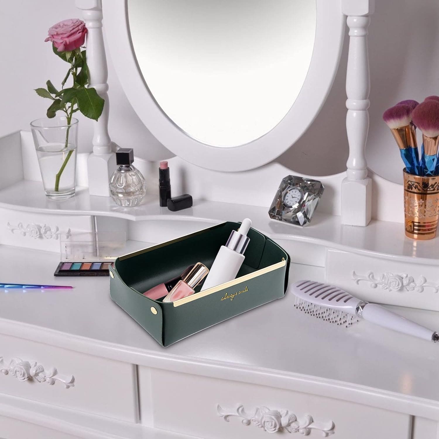 Folding Jewellery Tray, Sundries Storage Tray, Collapsible Faux Leather Large Capacity Sundries Organizer Box, Nordic Style Leather Organizer, Rectangle Desktop Organizer Box, Multipurpose Catchall Tray for Key Jewelry, Desk Dresser Top Organizer