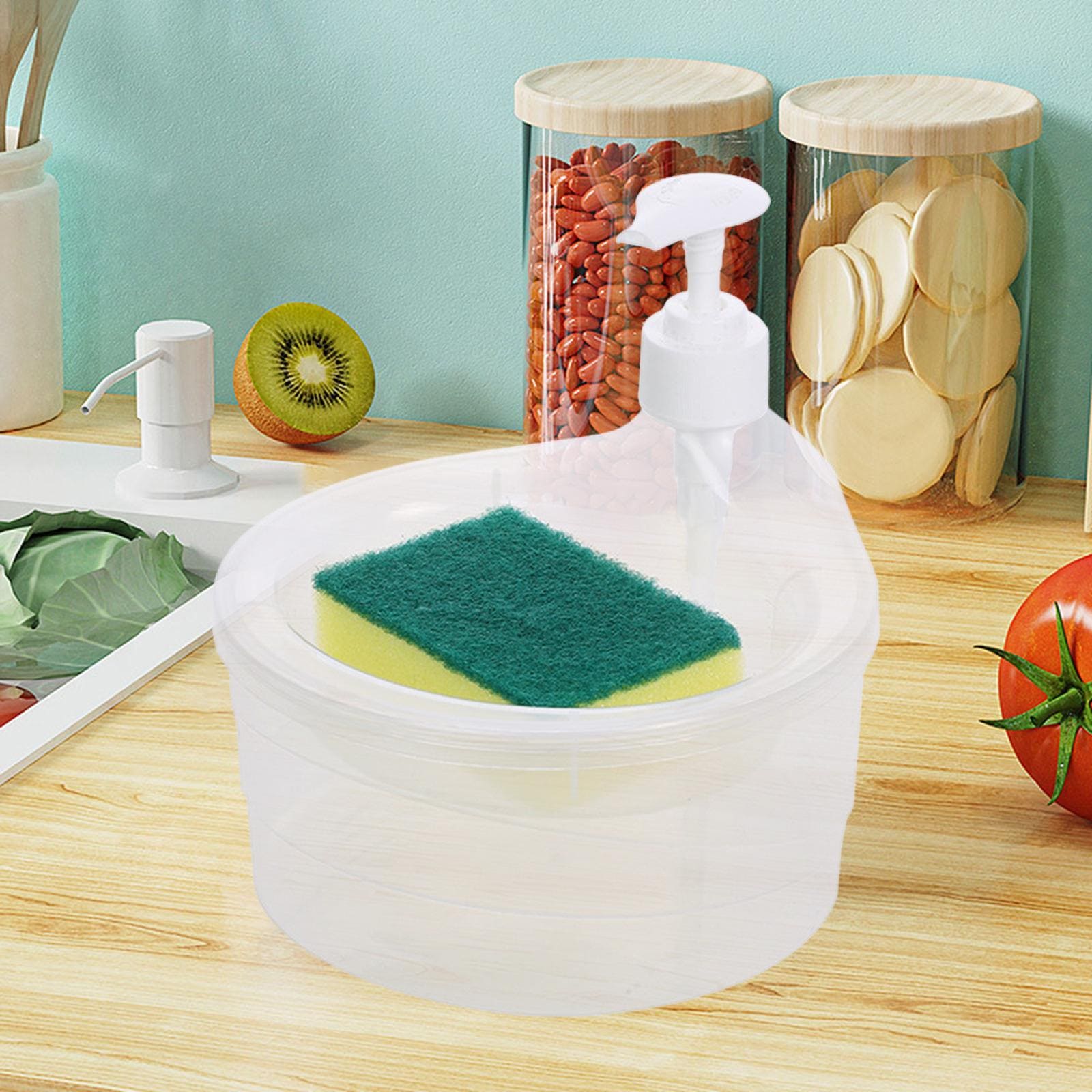 Press Cleaning Liquid Container, Soap Dispenser With Sponge Holder, Kitchen Liquid Dispenser Press Box, Press Soap Outlet Box Sponge Dispenser, 800ml Manual Sink Dish Washing Soap Dispenser, 2 in 1 Design For Kitchen