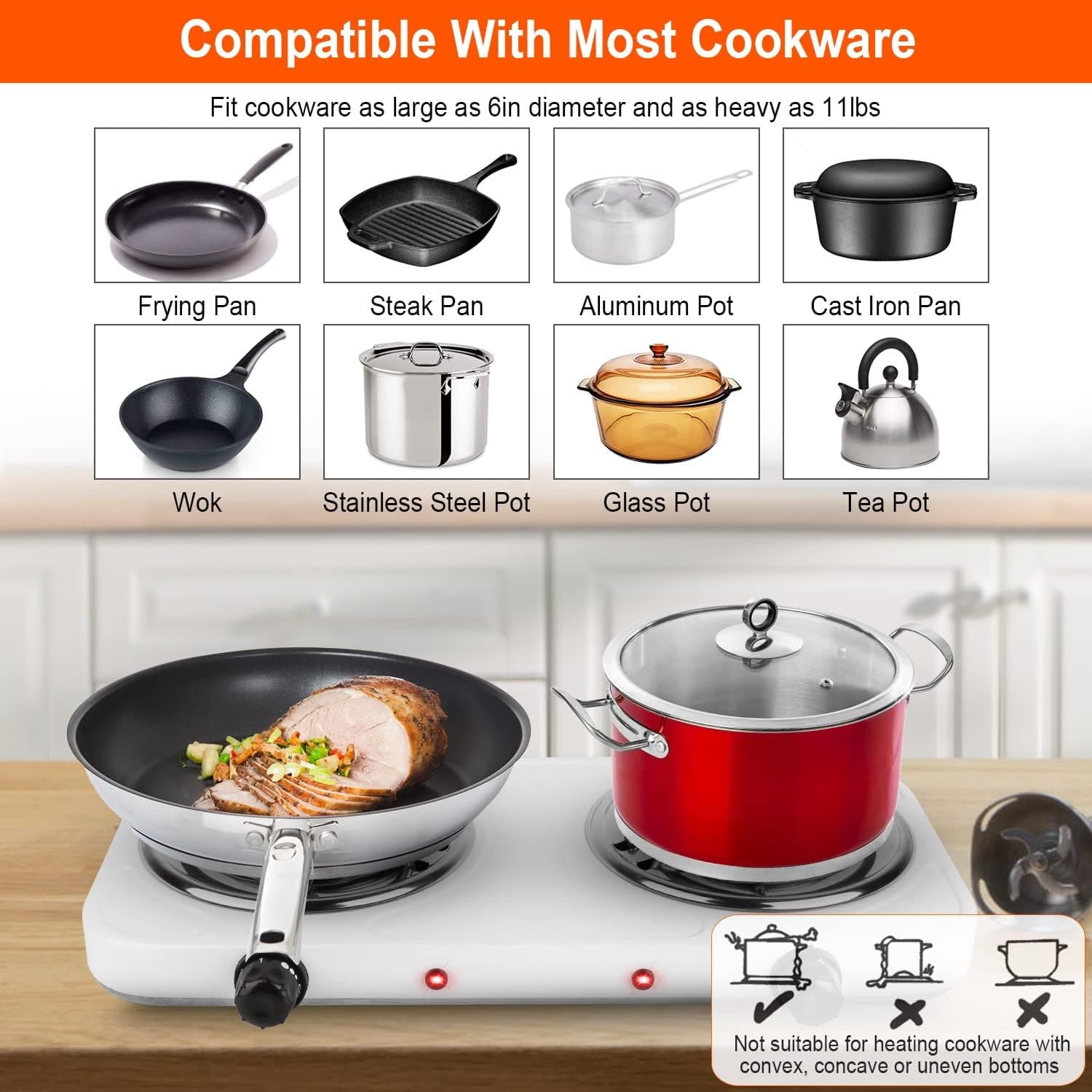 Double Head Electric Stove, Stainless Steel Induction Cooker, Portable Dual Hot Plate for Kitchen, Two Burner Electric Stove, Electric Countertop Stove Cooktop, Automatic Temperature Control Electric Stove, Home Double Burner Coil Hotplate