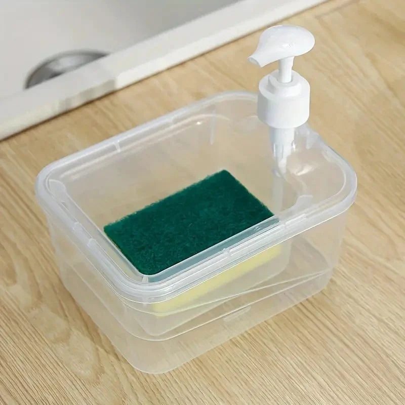 Press Cleaning Liquid Container, Soap Dispenser With Sponge Holder, Kitchen Liquid Dispenser Press Box, Press Soap Outlet Box Sponge Dispenser, 800ml Manual Sink Dish Washing Soap Dispenser, 2 in 1 Design For Kitchen