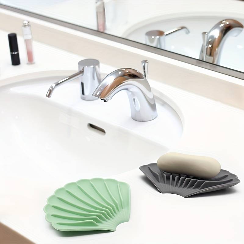 Sea Shell Soap Dish, Anti Slip Creative Soap Box, Self Draining Soap Bar Holder, Bathroom Silicone Soap Dish Tray, Kitchen Countertop Sink Splash Drying Mat, Sponge Drain Pad Rack, Silicone Washing Table Soap Tray