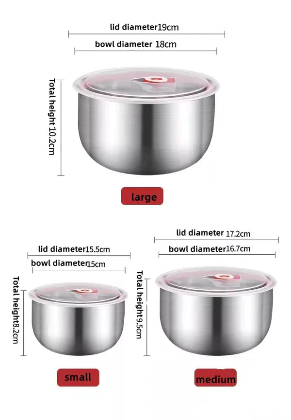 Set Of 3 Steel Fresh Bowl, Mixing Crisper Food Container Bowls, Stackable Portable Cooking Nesting Storage Bowls, Kitchen Rust-proof Food Storage Prep Bowl, Multifunctional Sealed Fresh Cooking Bowl