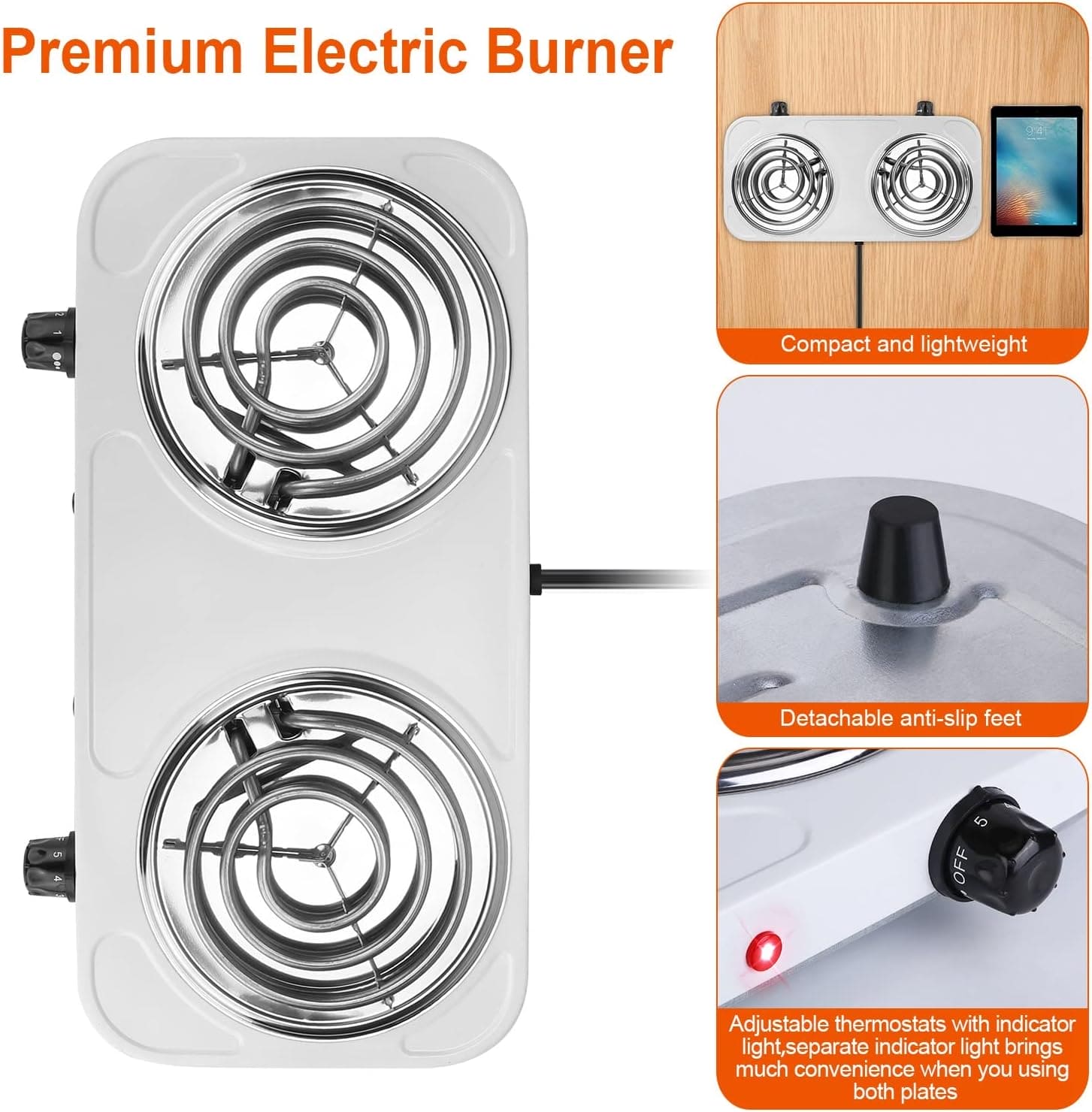Double Head Electric Stove, Stainless Steel Induction Cooker, Portable Dual Hot Plate for Kitchen, Two Burner Electric Stove, Electric Countertop Stove Cooktop, Automatic Temperature Control Electric Stove, Home Double Burner Coil Hotplate