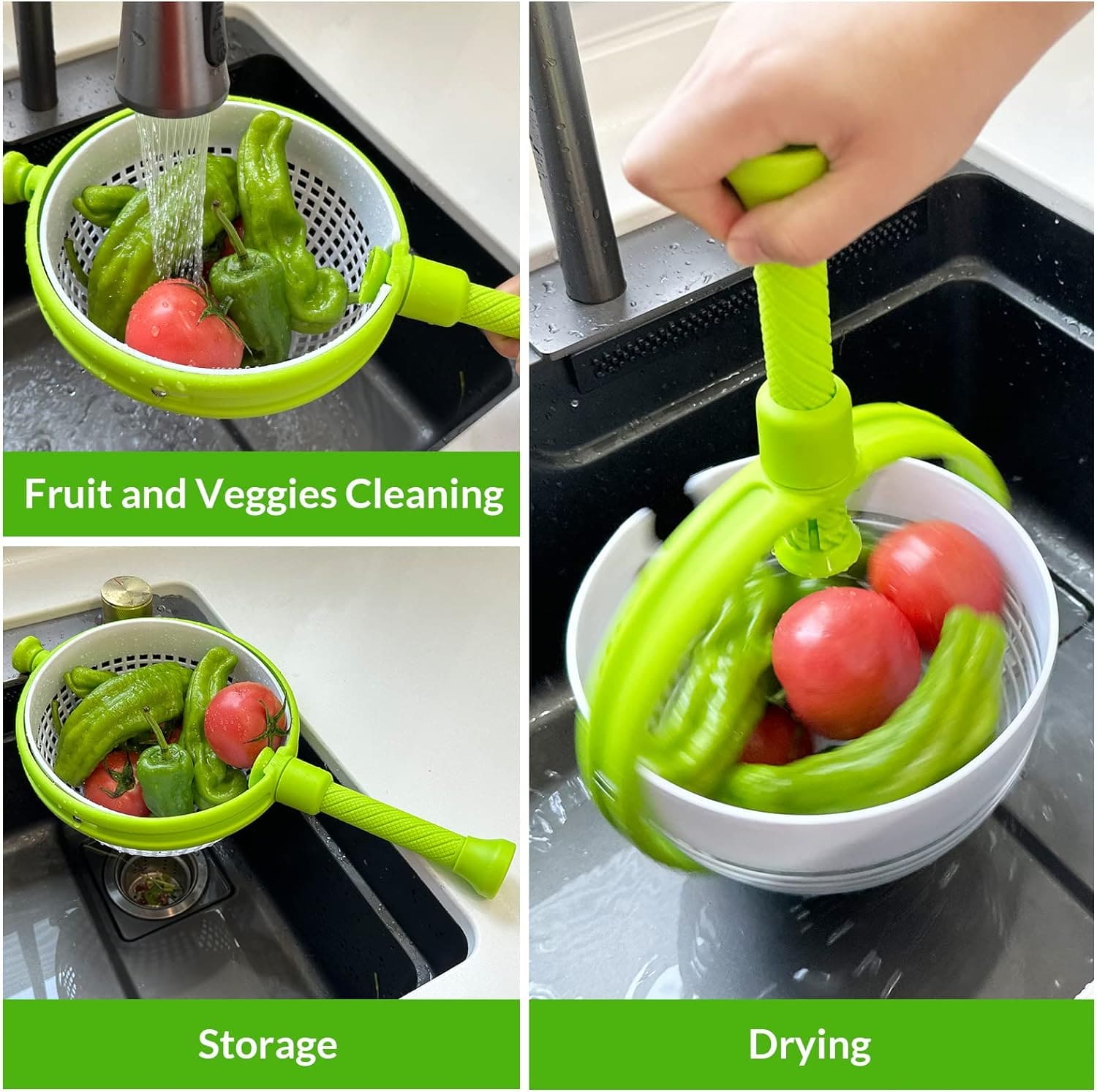Revolving Drain Basket, Multipurpose Salad Molicer, Foldable Strainer Fruit Vegetable Washing Basket, New Salad Spinner, Dehydration Water Throwing Drain Basket, Lettuce Spinning Colander Kitchen Tool, Spinning Basket with Collapsible Handle