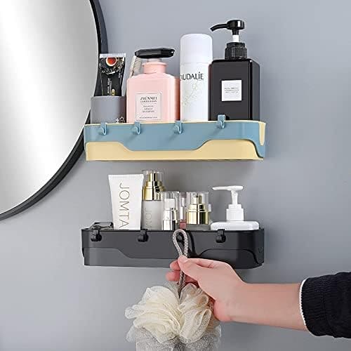 Large Capacity Wall Shelf, Wall Mounted Shower Storage Rack, Storage Wall Shelf With Hook, Self Adhesive Shower Caddy, Plastic Bathroom Shelf Wall Storage Rack, Wall Mounted Floating Shelf, Multipurpose Countertop Basket, Bathroom Kitchen Storage Rack