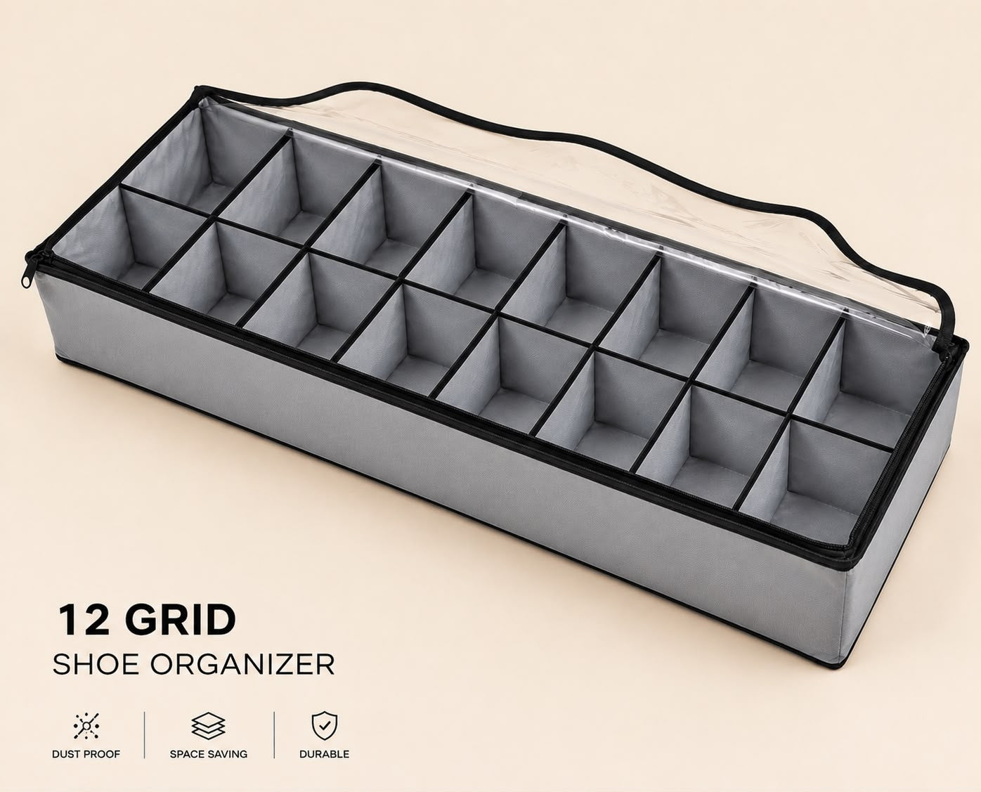 6 Grid Under Bed Shoe Organizer, Dustproof 8 Slot Shoe Storage Box, Multi-Compartment Shoe Organizer With Zipper Cover, Space Saving 12 Grid Shoe Storage Case