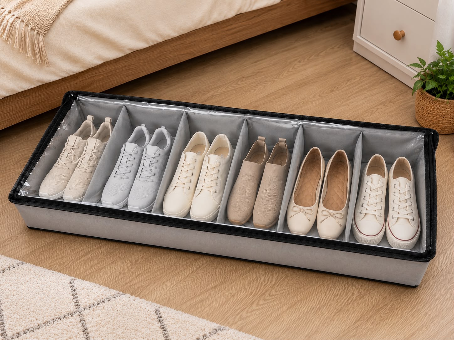 6 Grid Under Bed Shoe Organizer, Dustproof 8 Slot Shoe Storage Box, Multi-Compartment Shoe Organizer With Zipper Cover, Space Saving 12 Grid Shoe Storage Case