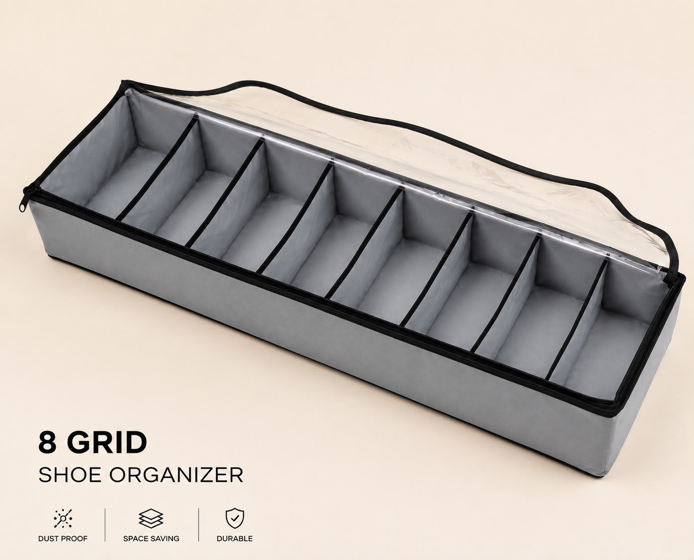 6 Grid Under Bed Shoe Organizer, Dustproof 8 Slot Shoe Storage Box, Multi-Compartment Shoe Organizer With Zipper Cover, Space Saving 12 Grid Shoe Storage Case