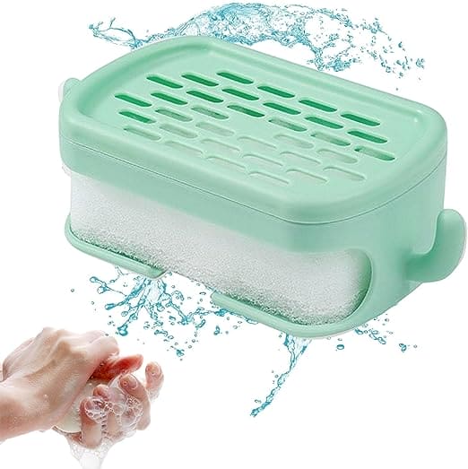 Soap Bar Container, Double Layer Soap Saver Case With Hook, Wall Mounted Self Draining Soap Dish For Shower Bathroom Kitchen Accessories, Plastic Drain Soap Box with Sponge Holder, Soap Saver Case with Hanger Sponge,3 in 1 Soap Container with Sponge