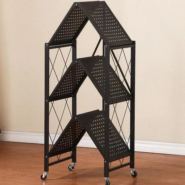 3 Layer Foldable Mobile Wheels Storage Cart, Large Iron Multifunctional Living Room Rack, Multilayer Bookshelf Display Kitchen Storage Rack, Metal Shelving Units Storage Racks with Lockable Wheels, Kitchen Home Space Saving Organizer