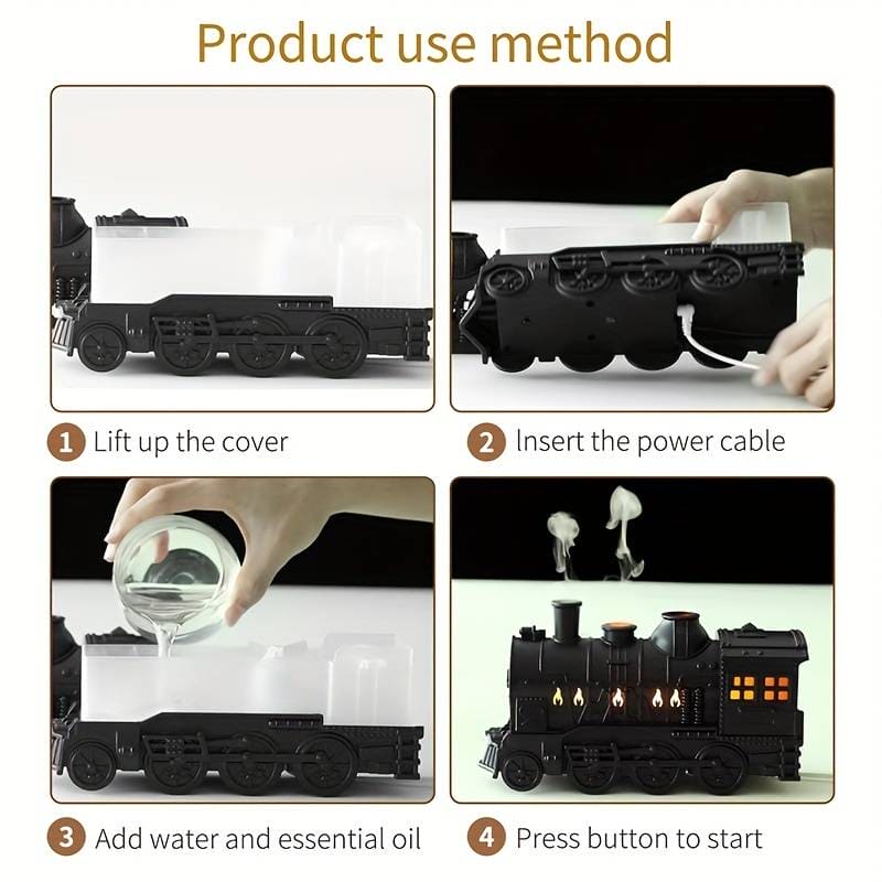 Black Train Diffuser, Train Steam Humidifier, Ultrasonic Cool Mist Air Humidifier, Fragrance Essential Oil Aroma Diffuser, Creative RC Air Freshener with LED Lamp, Circle Dispensing Essential Oil Perfume Machine