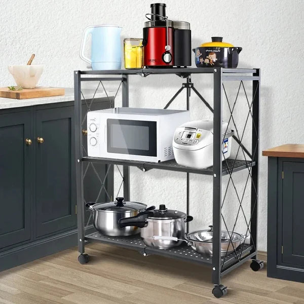 3 Layer Foldable Mobile Wheels Storage Cart, Large Iron Multifunctional Living Room Rack, Multilayer Bookshelf Display Kitchen Storage Rack, Metal Shelving Units Storage Racks with Lockable Wheels, Kitchen Home Space Saving Organizer