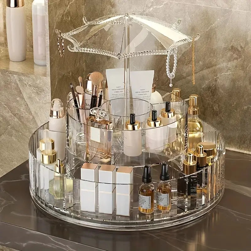 Umbrella Makeup Organizer, Transparent 360 Rotating Cosmetic Storage Box, Large Cosmetic Display Case for Vanity, Spinning Cosmetic Storage Holder Rack, Double Layered Beauty Storage Rack, 2 Level Multipurpose Cosmetic Jewellery Case