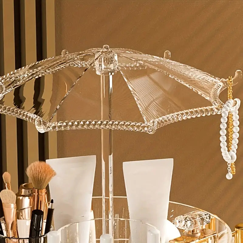 Umbrella Makeup Organizer, Transparent 360 Rotating Cosmetic Storage Box, Large Cosmetic Display Case for Vanity, Spinning Cosmetic Storage Holder Rack, Double Layered Beauty Storage Rack, 2 Level Multipurpose Cosmetic Jewellery Case