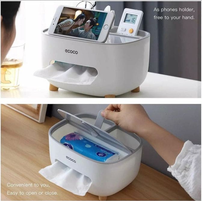 Tissue Box Holder, Multifunction Tissue Box ABS Material Storage Organizer, Desktop Tissue Box With Hidden Mobile Phone Holder, Remote Holder