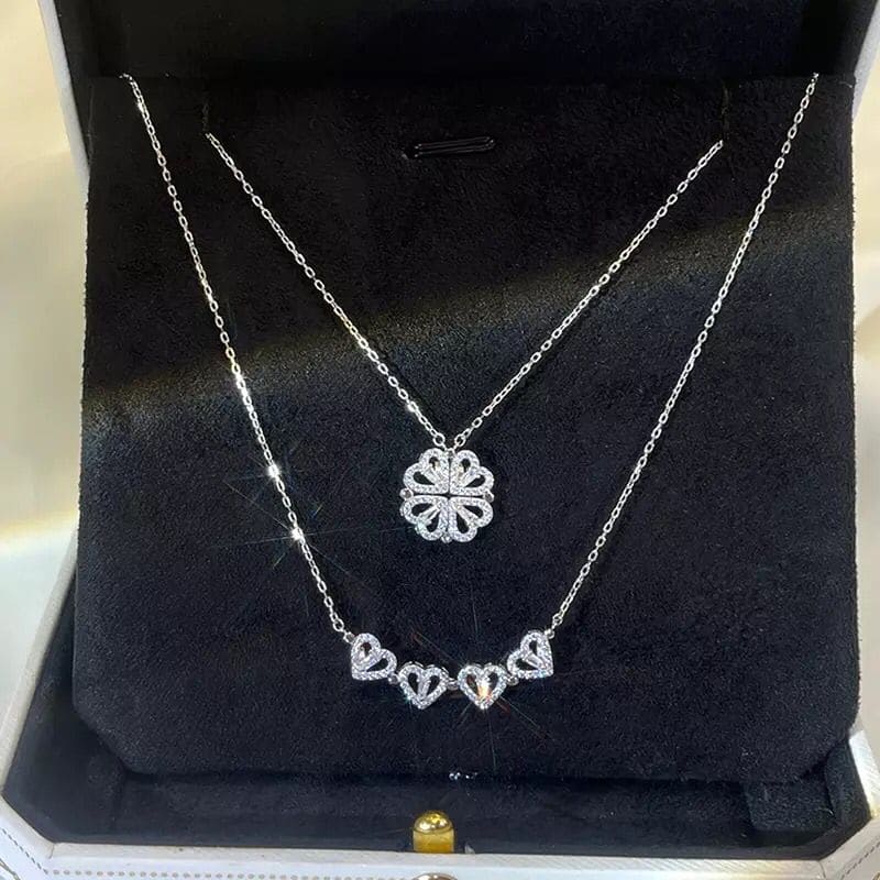 Golden Four Leaf Magnetic Folding Heart Clover Necklace, Dainty Heart Necklace for Women, Zirconia Four Leaf Clover Pendant