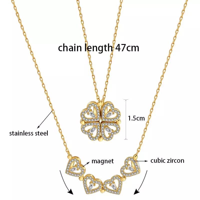 Golden Four Leaf Magnetic Folding Heart Clover Necklace, Dainty Heart Necklace for Women, Zirconia Four Leaf Clover Pendant