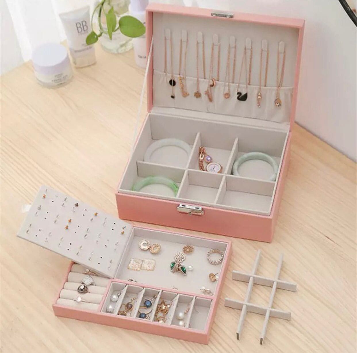Double Layer Leather Jewellery Box, Earrings And Rings Storage Organizer, Portable Jewellery Box For Necklaces, Travel Jewelry Box Organizer with Lock, Travel Jewelry Leather Display Storage Case