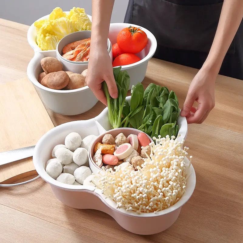 Mickey Shaped Vegetable Basket, 4 Compartments Wash Basin Basket, Creative Household Wash Basket, Double Multi Grid Basket, Fruit Tray Drain Basket