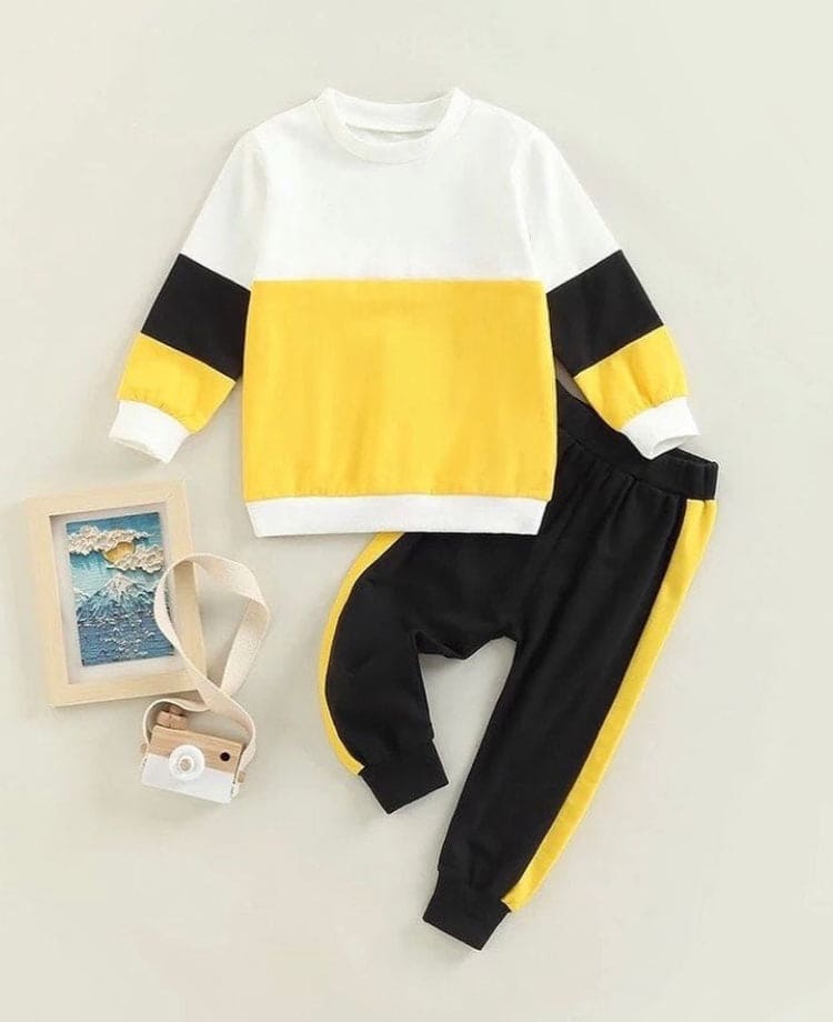 1 Pair Children Cool Tracksuit, Girl Boy Autumn Clothes Set, Contrast Color Long Sleeve Round Neck Sweatshirt + Elastic Waist Trousers