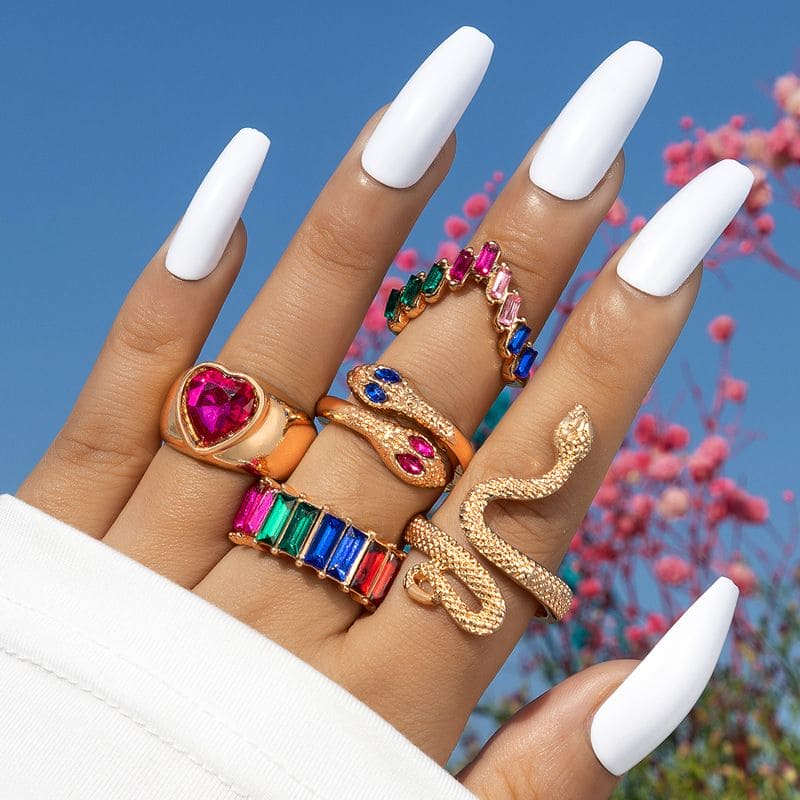 Multicolor Stone Heart Snake Ring Set For Women, Colorful Crystal Stone Snake Joint Ring Sets