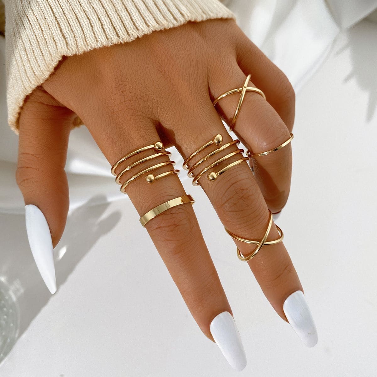 Set Of 5 Metal Gold Plated Rings for Women, Geometric Hollow Wave Rings, Girls Trendy Jewellery, Stackable Finger Rings, Midi Rings For Women