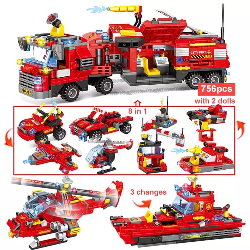 8 in 1 City Command Vehicle Model Building Blocks, Firefighter Team Re ...