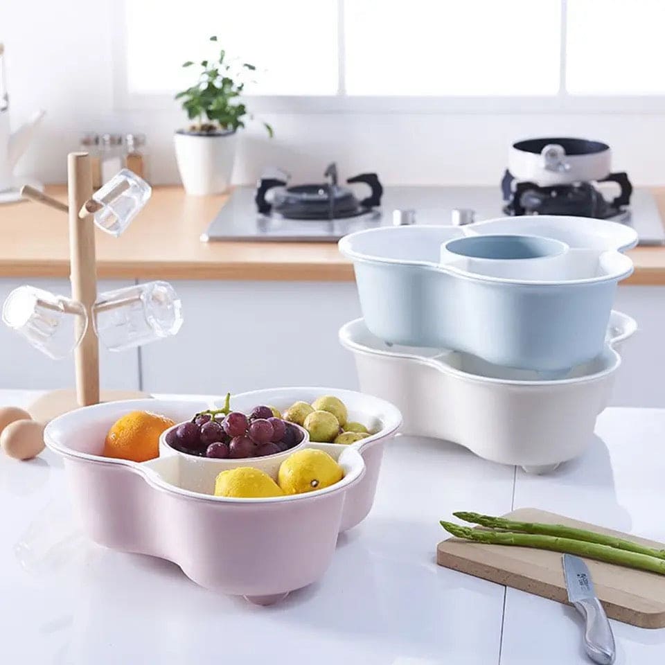 Mickey Shaped Vegetable Basket, 4 Compartments Wash Basin Basket, Creative Household Wash Basket, Double Multi Grid Basket, Fruit Tray Drain Basket
