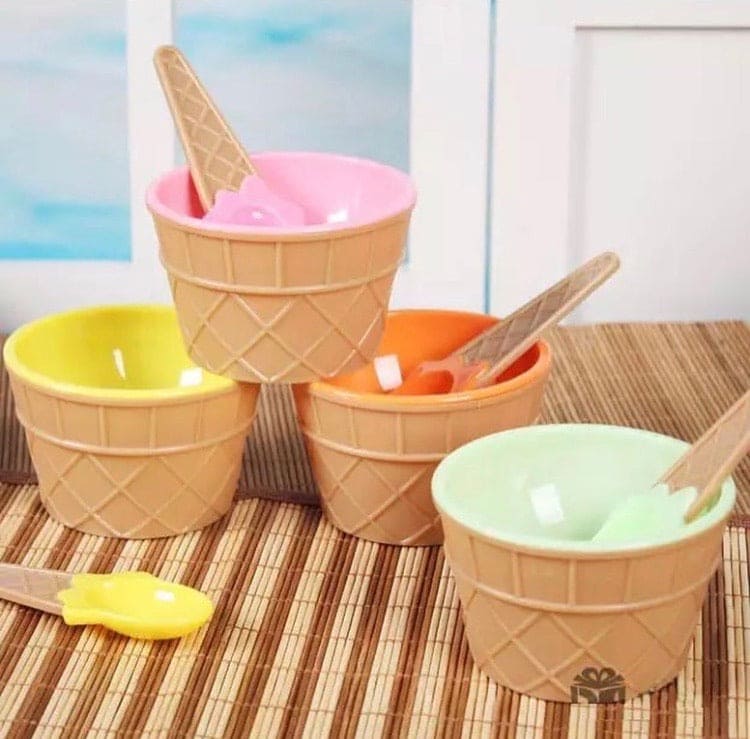 Set of 3 Cream Cups Set With Spoon, Daily Merchandise Plastic Bowl, DIY Ice Cone Dessert Bowl, Tableware Reusable Bowls Spoons Set