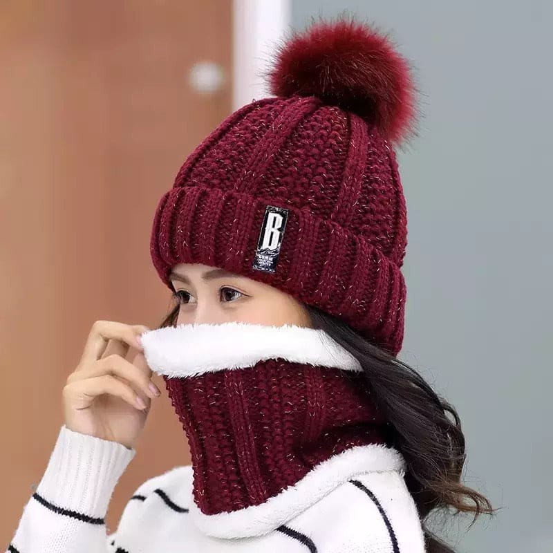 Female Outdoor Casual Windproof Hat, Winter Plush Warm Cap, Women Wool Knitted Hat, Collar Warm Keep Face Warmer Beanies Hat