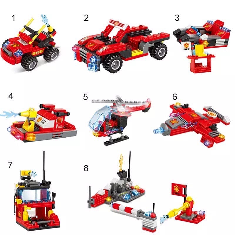 8 in 1 City Command Vehicle Model Building Blocks, Firefighter Team Rescue Plane Boat Fireman Figure Brick