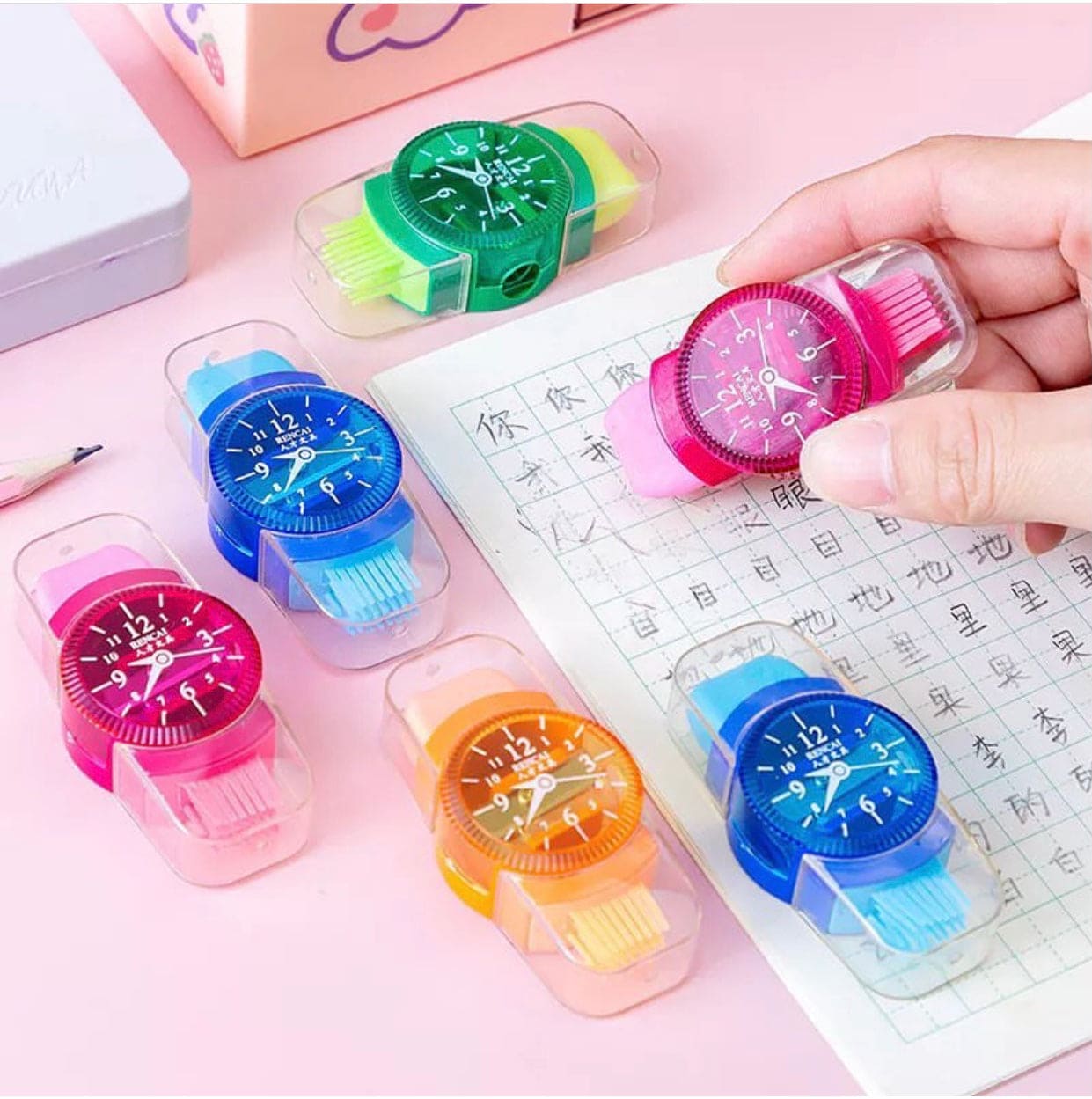 Creative 3 in 1 Pencil Sharpener, Creative Wristwatch Modelling Pencil Sharpener With Eraser And Brush