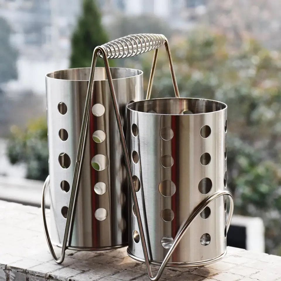 Double Cutlery Drain Rack, Double Handle Chopstick Spoon Rack, Stainless Steel Kitchen Cutlery Box, Spoons Forks Knife Utensils Organizer, Kitchen Storage Tube Barrel Tableware Rack, Caddy Cutlery Utensil Holder