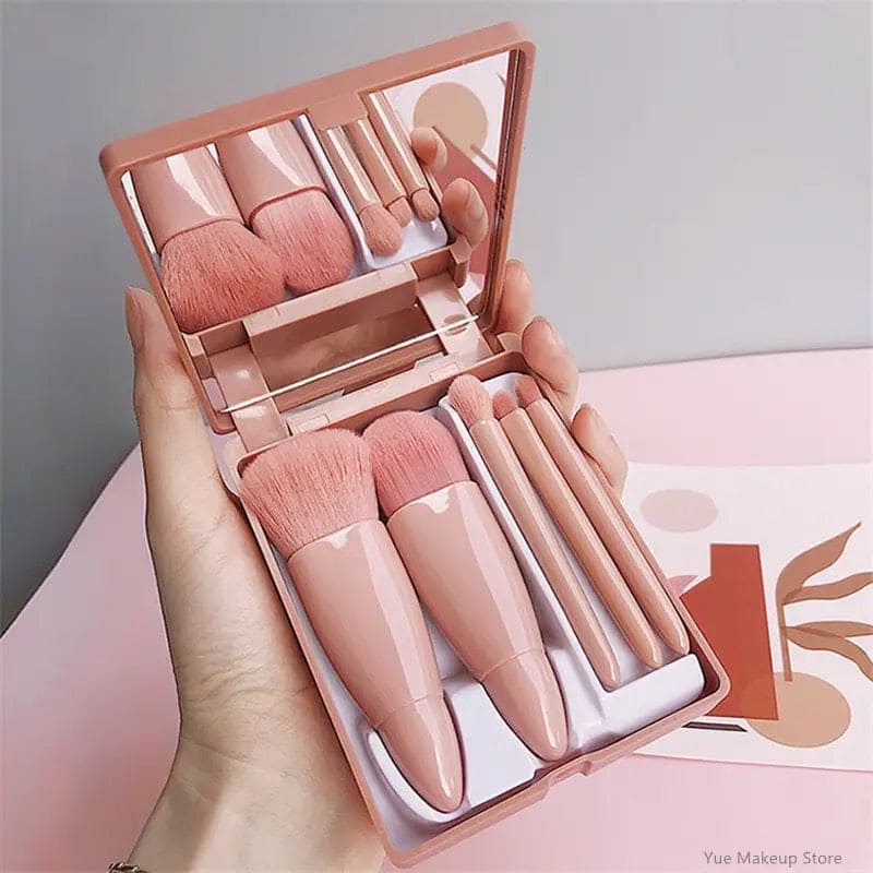 5 Pcs Mini Travel Makeup Brush Set, Portable Makeup Brush Box With Mirror, Giant Soft Loose Powder Blush Eye Shadow Cosmetic Brushes, Mini Makeup Brush, Reusable Artificial Fibers Eyeshadow Beauty Makeup Brush, Portable Blush Brush, Concealer Brush