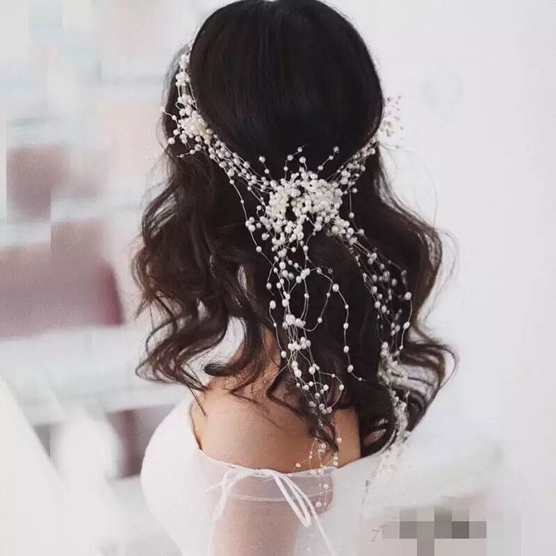 Pearl Hair Chain For Women, Girl Tassel Flower Tiara Headband Ponytail, Bridal Wedding Tiaras Hand Beaded Long Wreaths Hair Bands, Headdress Mori Pearl Hair Band, Wedding Accessories