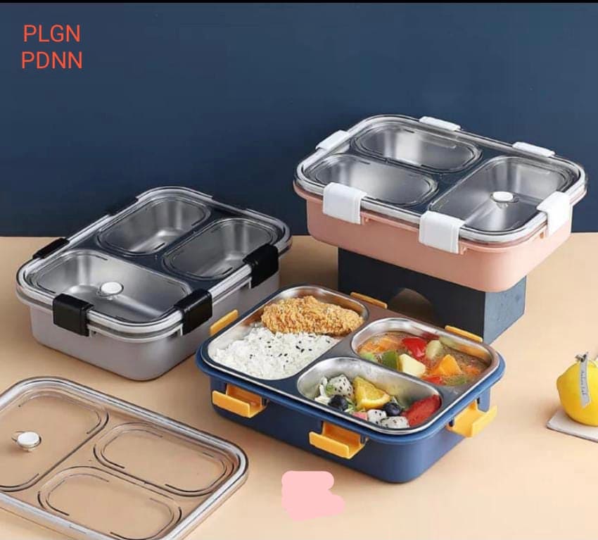 3 Compartment Bento Lunch Box, Portable 3 Grid Dividing Serving Plate, Camping Picnic Portable Plastic Food Fruit Storage Container, Bento Box For Kids, Student Sealed Lunch Box, Stainless Steel Outdoor Food Containeri