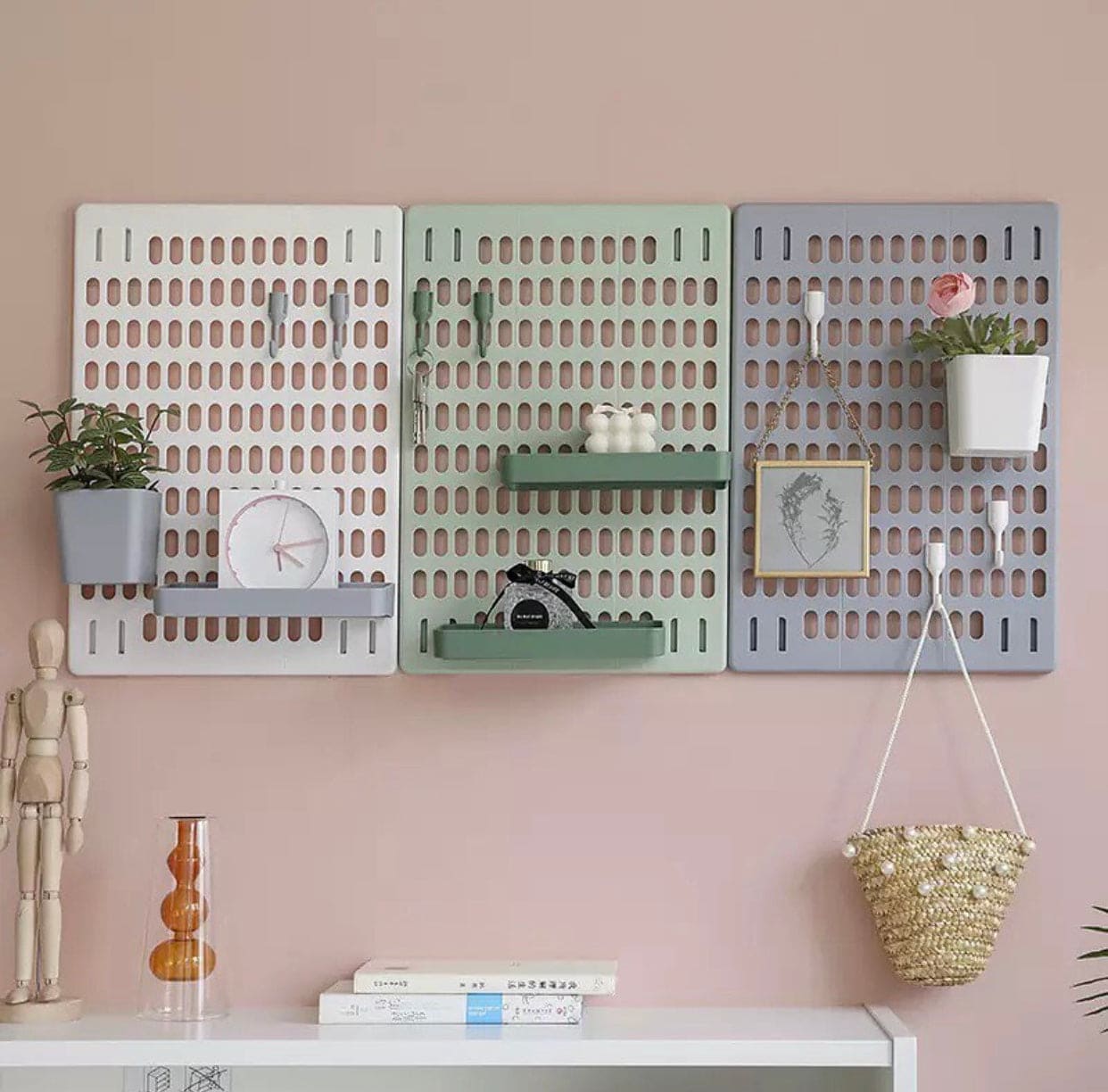 Home Decor Hole Wall Board With Shelves And Hooks, Photo Hanging Display Frames Desk Storage, Picture Panel Wall Decoration For Room Office