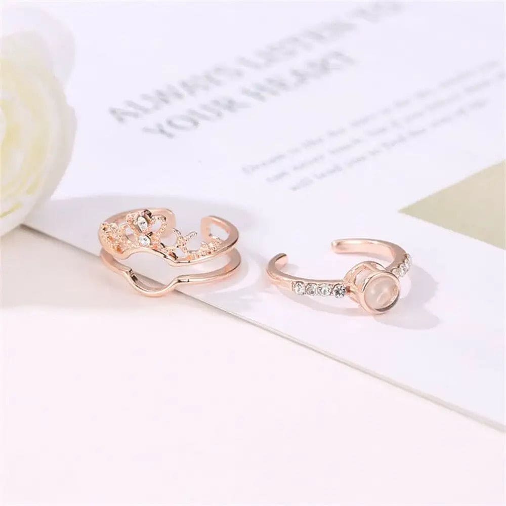 Zircon Rhinestone Crown Couple Ring, Projection Ring, Luxury Female Bridal Wedding Ring, Projection Charm Crown Ring, 100 Languages I Love You Projections Rings